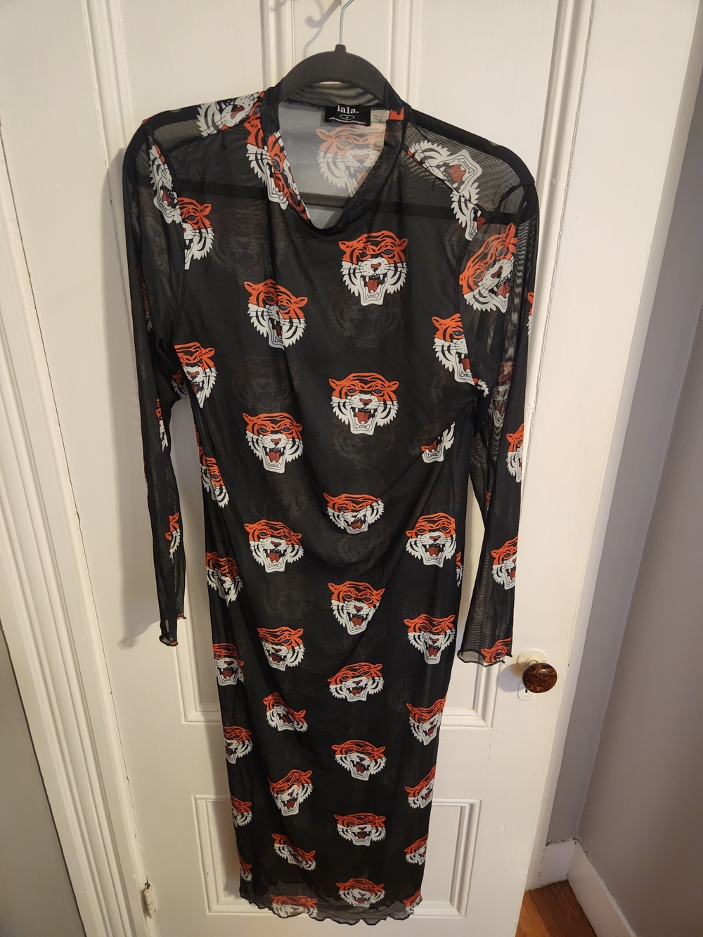 Dressed in LALA Black Sheer Dress with Orange & White Tiger Motif